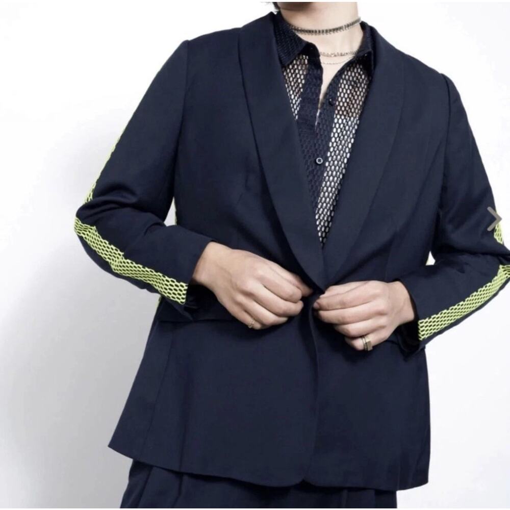 Wildfang Empower Colorblock Tux Blazer Unisex Medium Navy Neon Green Mesh NWT